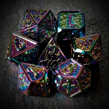 Rainbow Metal with Dragon Font - 7pcs RPG Dice Set